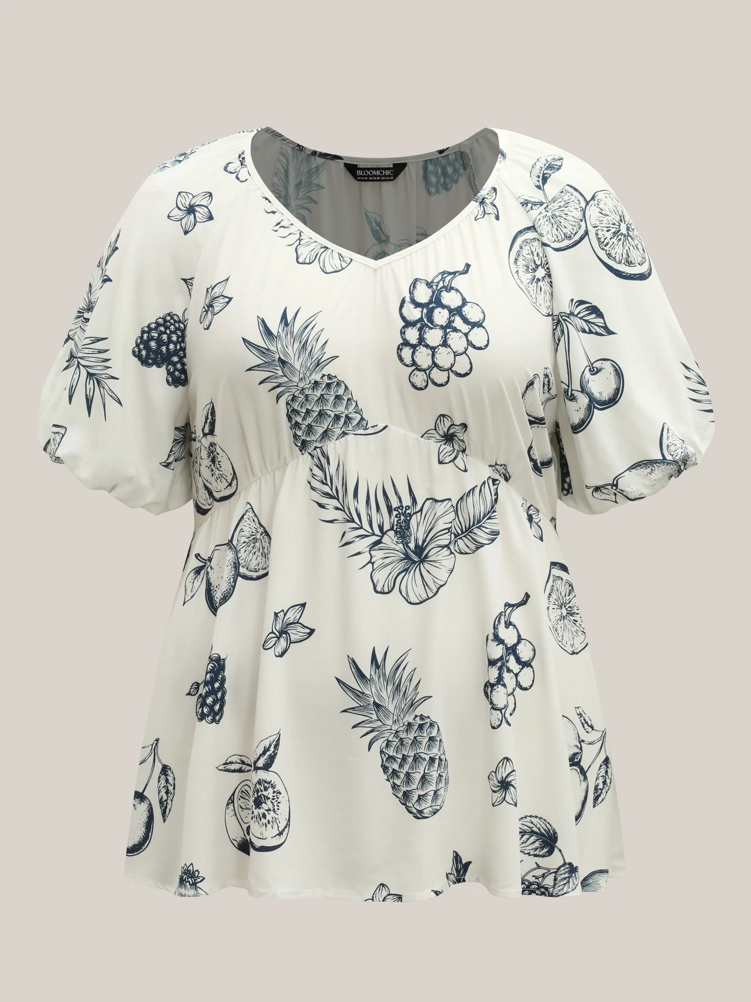 Fruity Print Bud Sleeve V-Neck Blouse