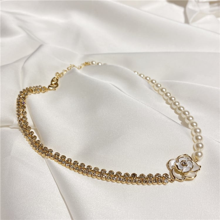 Camellia Flower Pearl Necklace Vintage