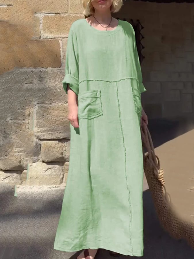 Women's Casual Loose Round Neck Long Sleeve Cotton And Linen Dress