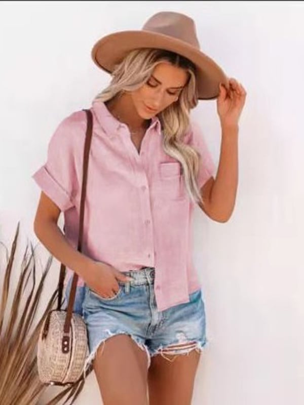 Women's cotton linen short sleeves ladies lapel buttoned shirt