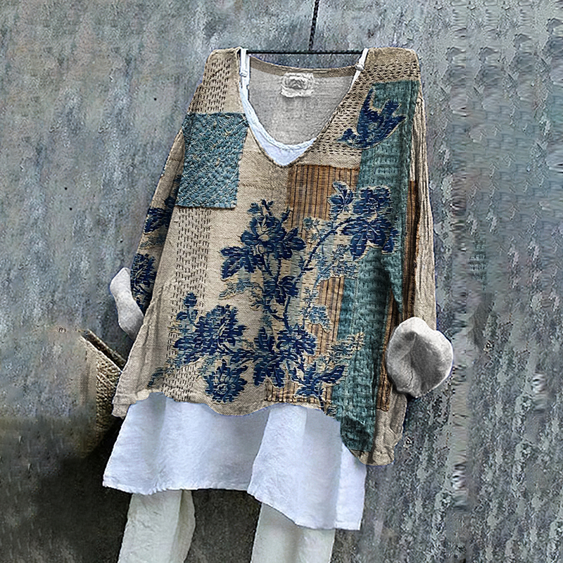 Floral Embroidered Japanese Sashiko Fiber Art Linen Blend Tunic