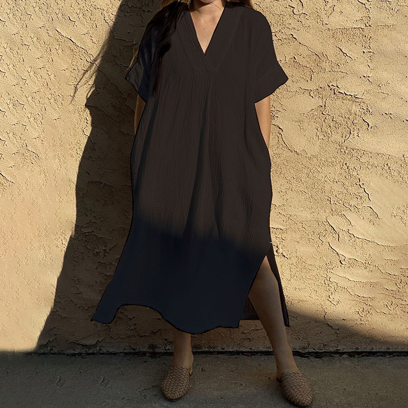 Vintage Plain V Neck Split Short Sleeve Maxi Dress