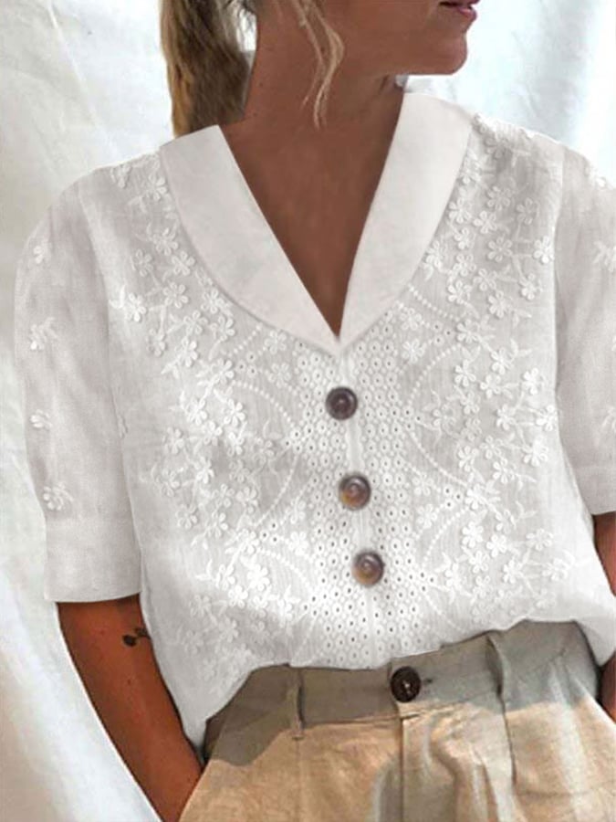 Women's solid color appliqué lace cotton and linen V-neck loose casual three-quarter sleeve top