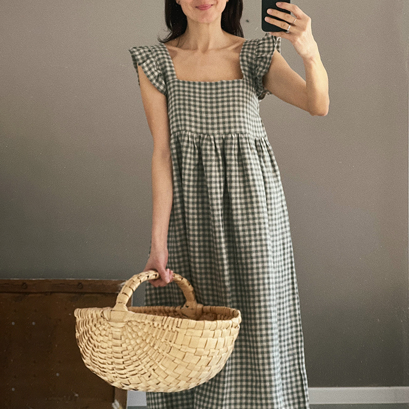 Checked Square Neck Ruffled Camisole Midi Dress
