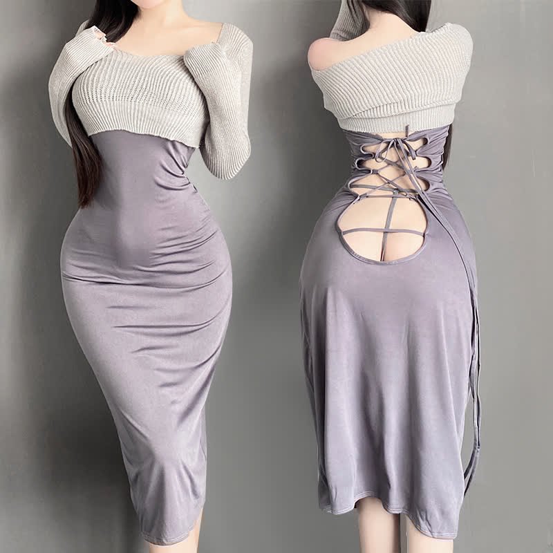 Virgin Killer Sweater Lace Up Lingerie Dress Two Pieces Set