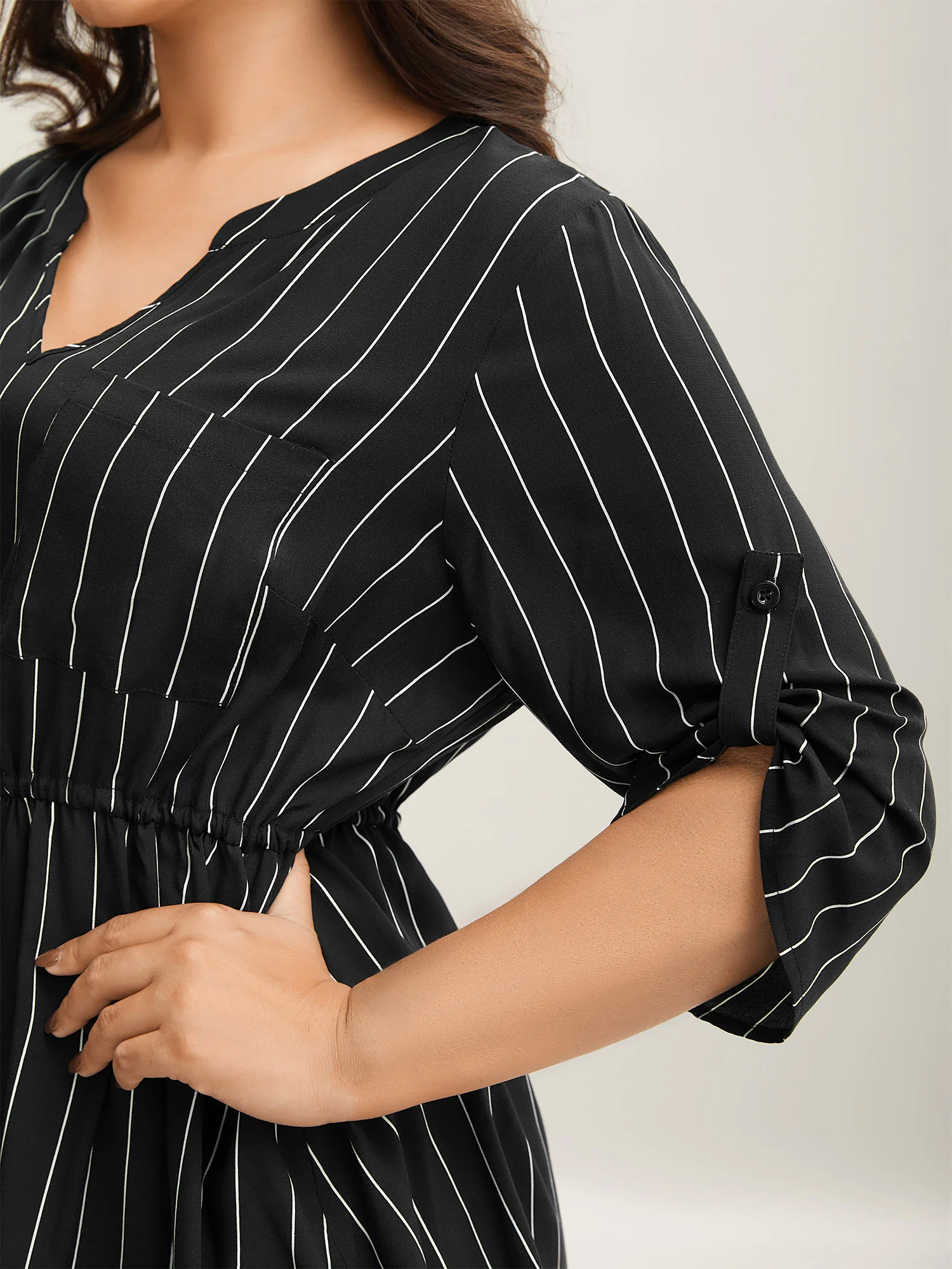 Striped Waist-Tie Pockets Blouse
