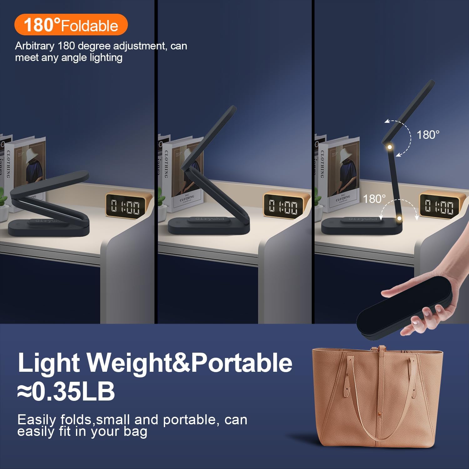 LED Desk Lamp for Office Home & Battery Operated Lamp Rechargeable Lamp Foldable & Portable Light, LED Desk Light Strip, 3 Brightness Dimmable Small Desk Lamp Wireless Reading Lamp