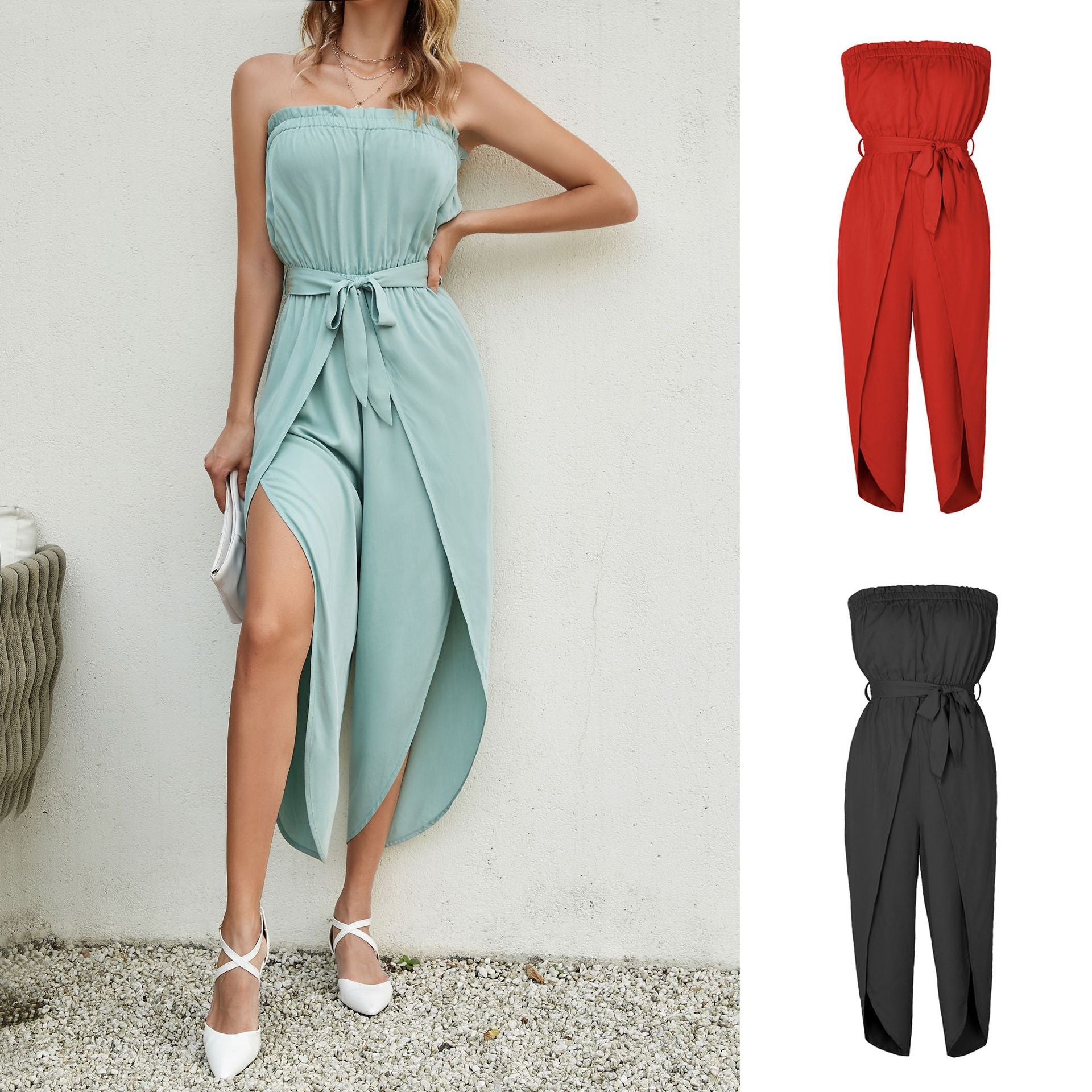 Off-Neck Jumpsuit with Elastic Waistband and Lace-Up Detail for Women