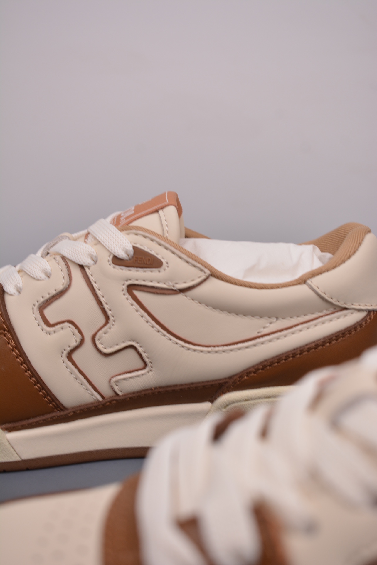 Fendi Match Sneaker Low Velcro Leather Brown Beige 7E1643AOMNF1NJ1
