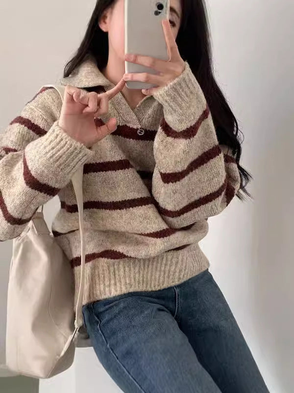 Fall and Winter Contrast Color Striped Pullover Sweater