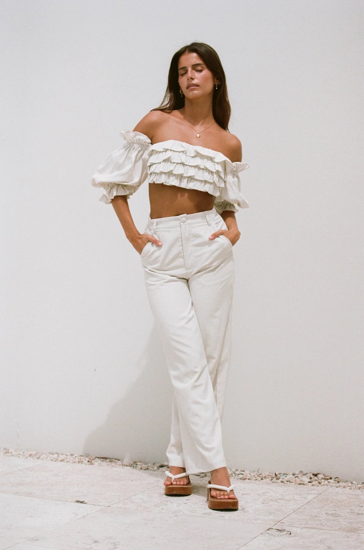 Beige Striped Ruffle Crop Top