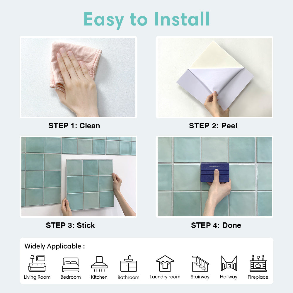 3D Light Teal Green Ceramic Square Peel and Stick Wall Tile