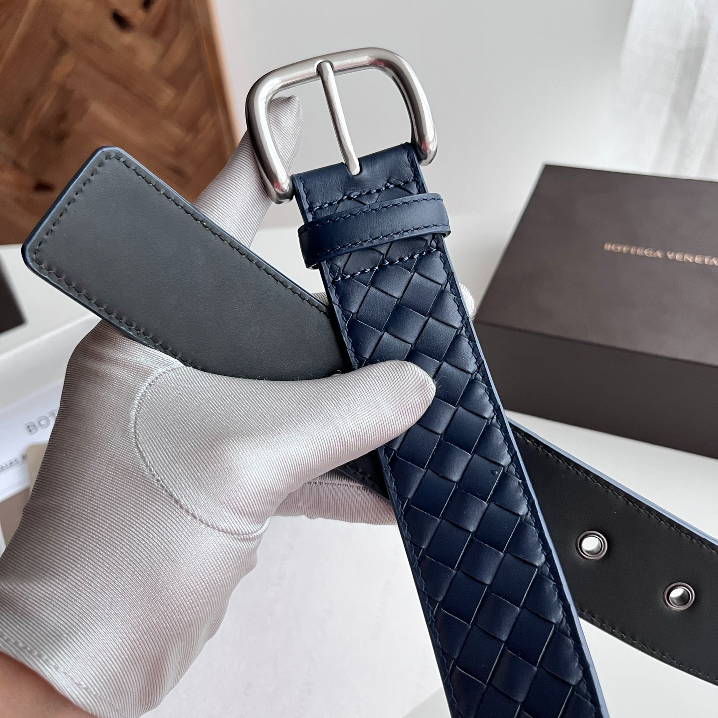 Bottega Veneta intreccio woven cowhide double-sided belt width 4.0cm