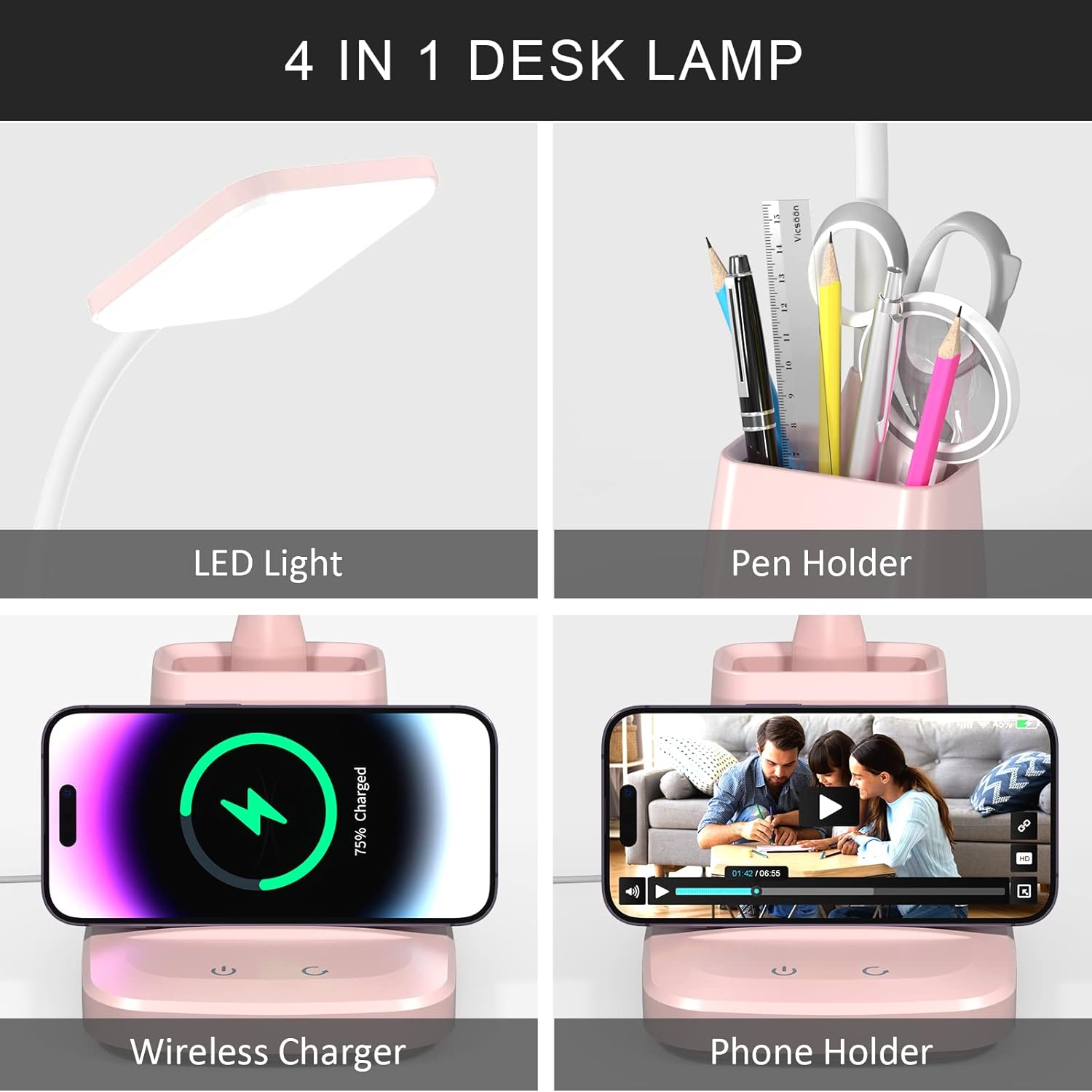 Desk Lamp with Wireless Charger, LED Desk Lamps for Home Office, 800 Lumens, Small Desk Lamp with Pen Holder, Flexible Arm, 3 Modes, Dimming, Touch Lamp for College Dorm Room