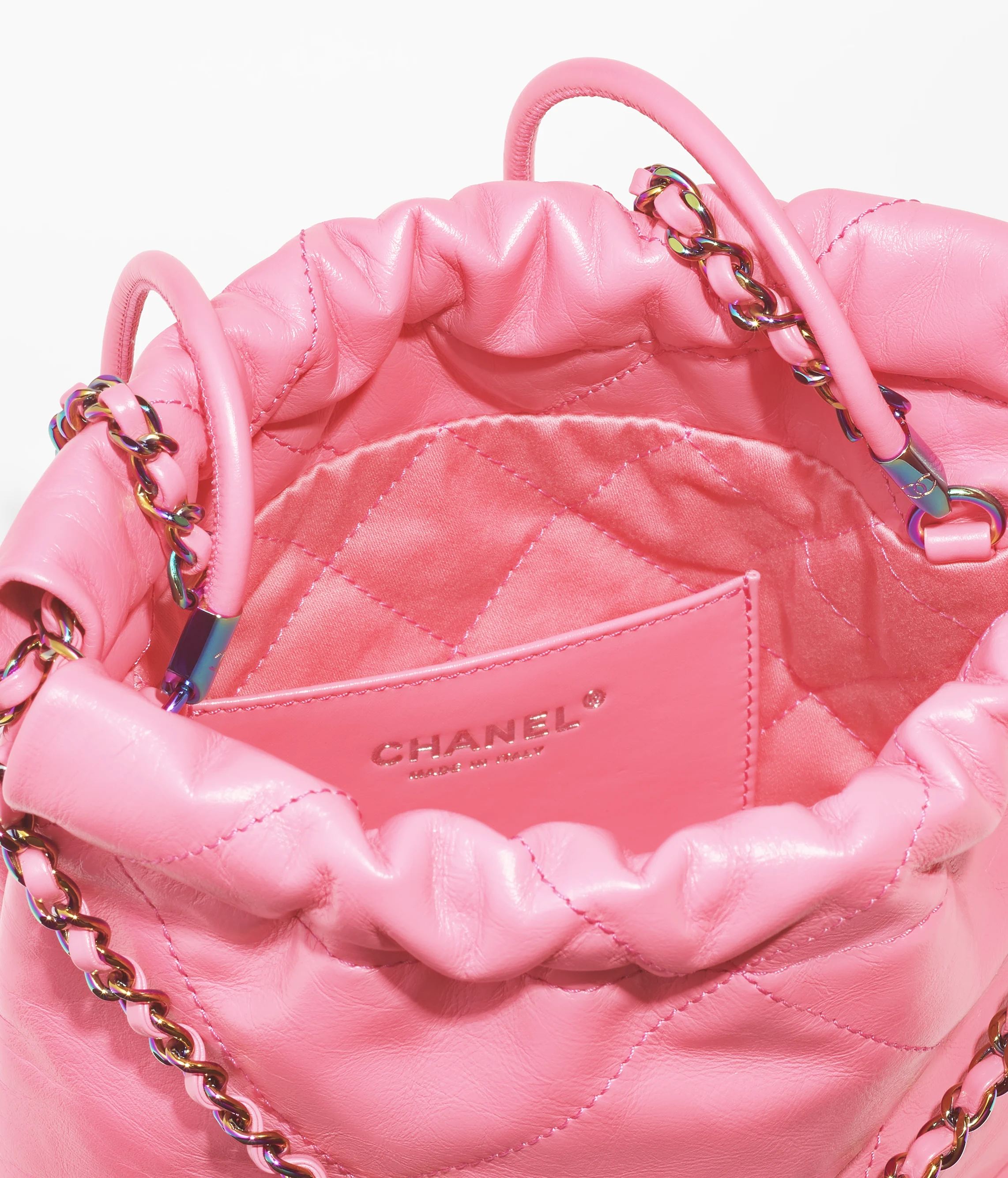 CHANEL 22 Mini Handbag Shiny Calfskin & Rainbow Metal Coral Pink AS3980-B15000-NS836