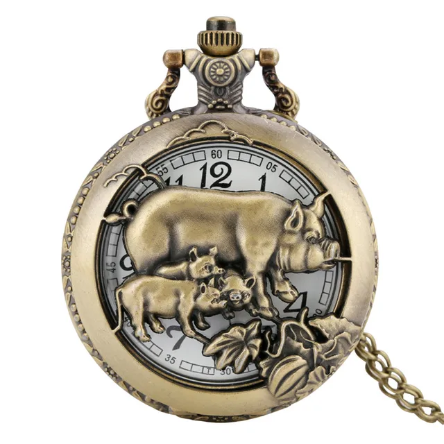 Bronze Hollow Out Chinese Twelve Zodiac Design Animal Quartz Pocket Watch for Men Women with Necklace Chain Gift reloj