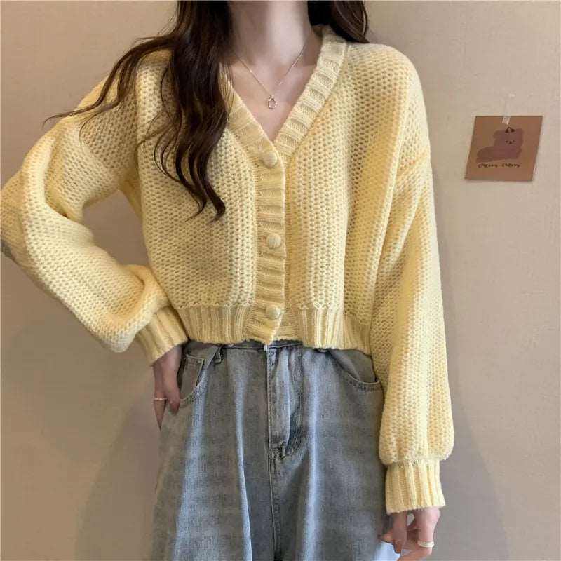 Button-Up V-Neck Knit Cardigan
