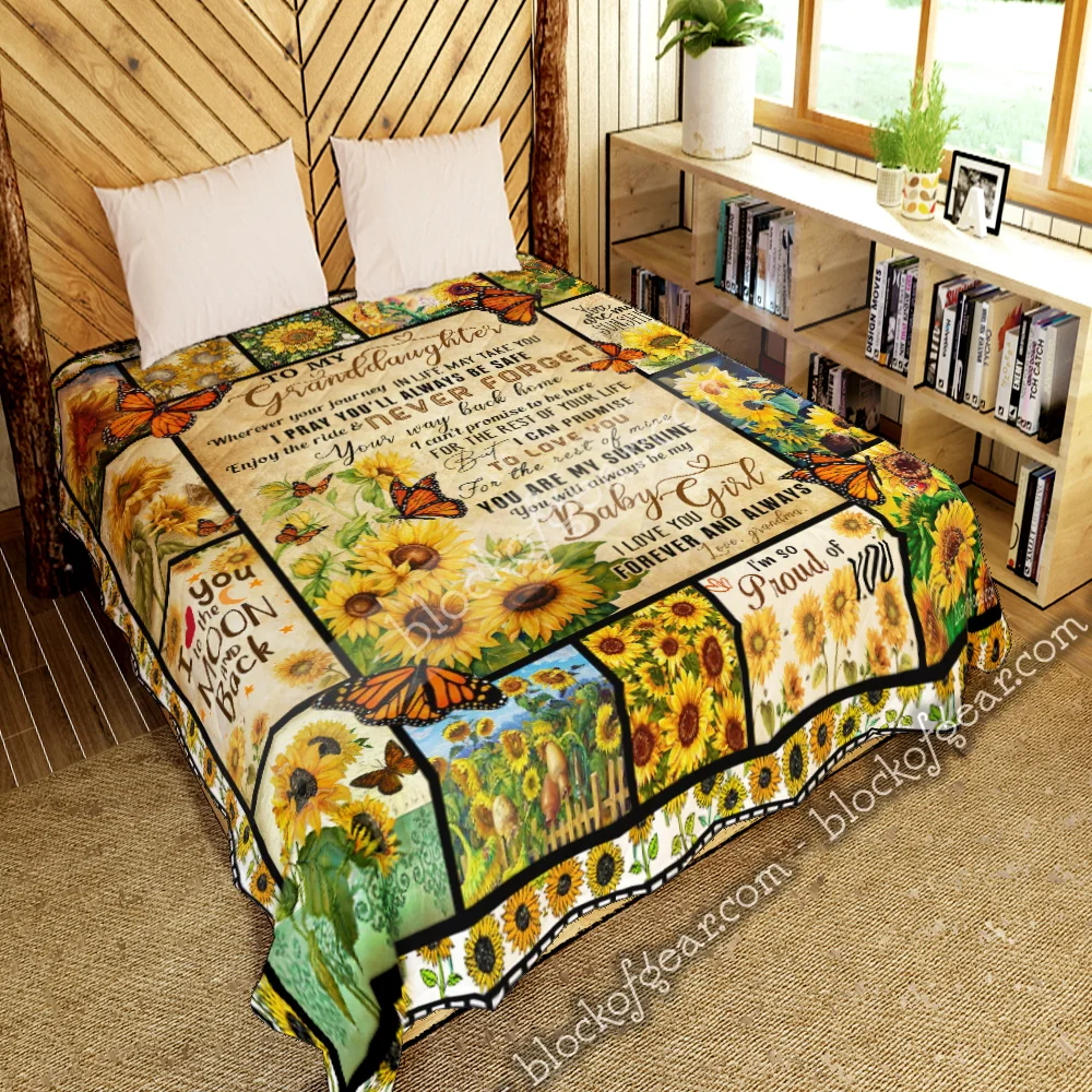 To My Granddaughter, Love Grandma. Sunflower Butterfly Quilt Blanket