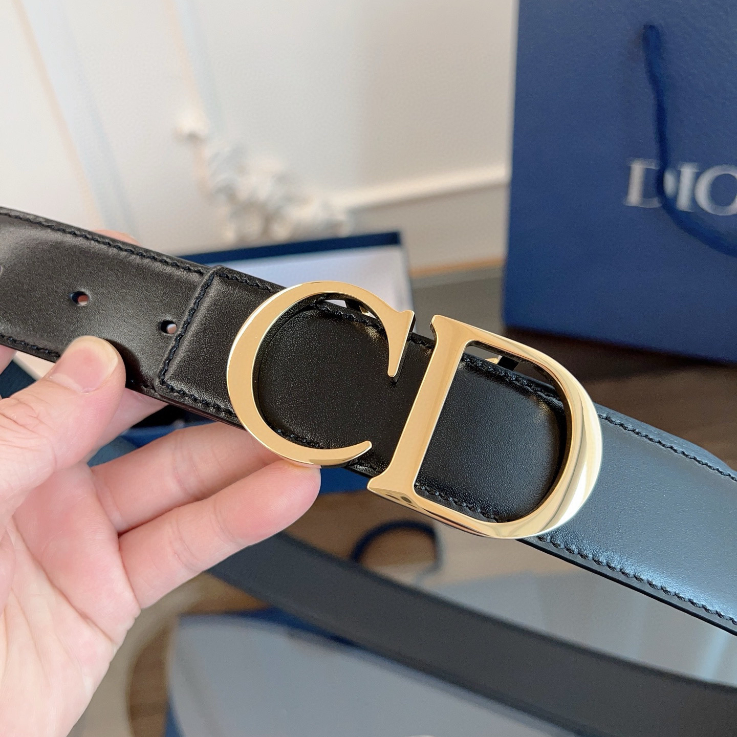 Dior shiny black leather belt width 3.5cm