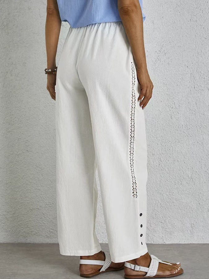 Casual Elegant Lace-Up With Pockets Buttons Lace Side Cotton Linen Trousers