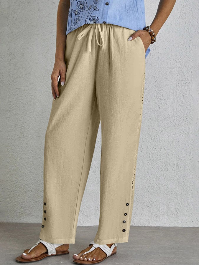 Casual Elegant Lace-Up With Pockets Buttons Lace Side Cotton Linen Trousers