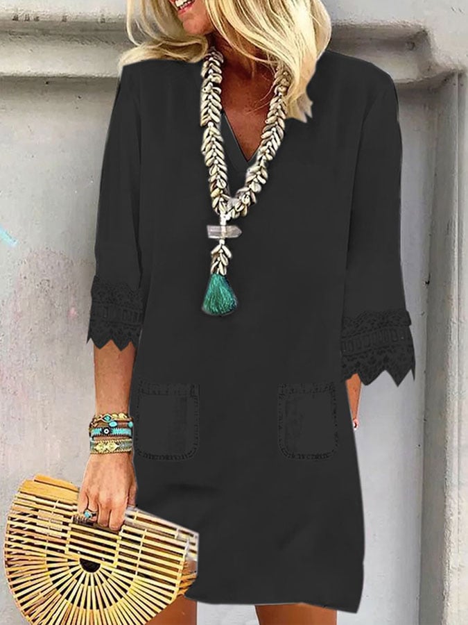 Women's simple solid color V-neck three-quarter sleeve dress