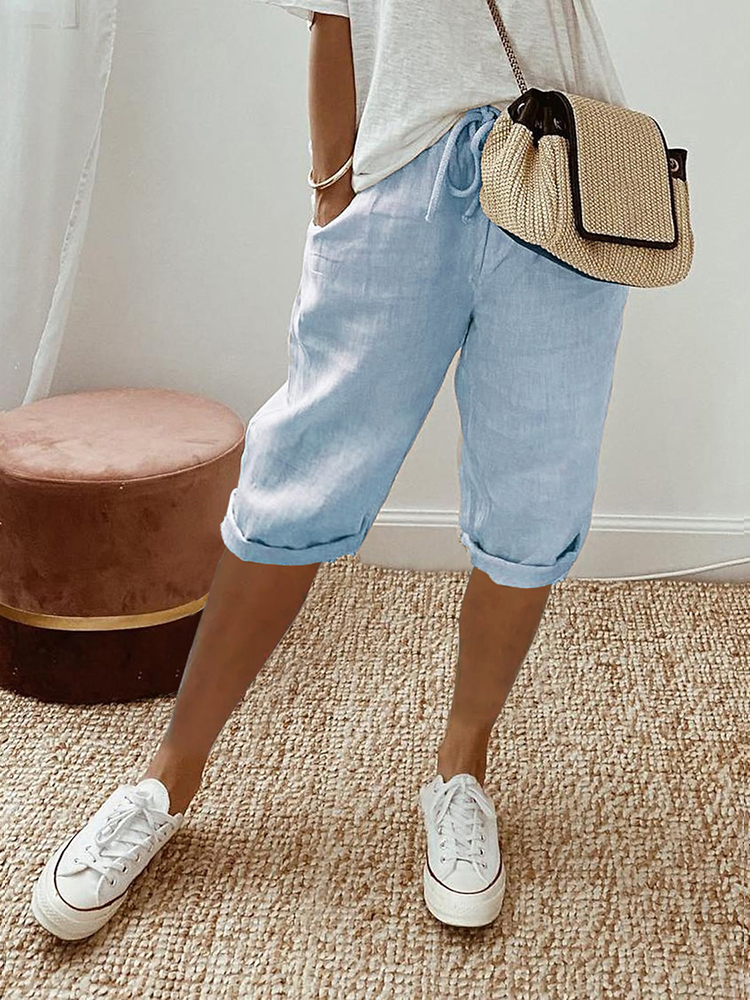 Solid Color Side Pockets Drawstring Casual Pants