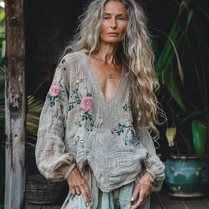 Retro Bohemian Floral Linen Art Print Long Sleeve V-neck Shirt