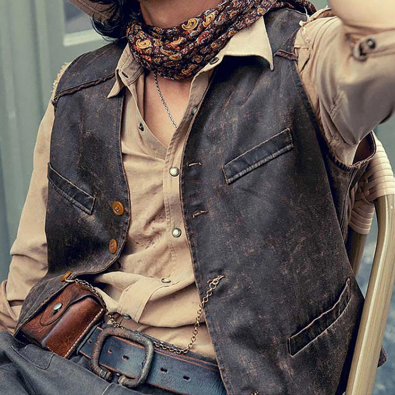 American Retro Tooling Frayed Frosted Brown Leather Vest