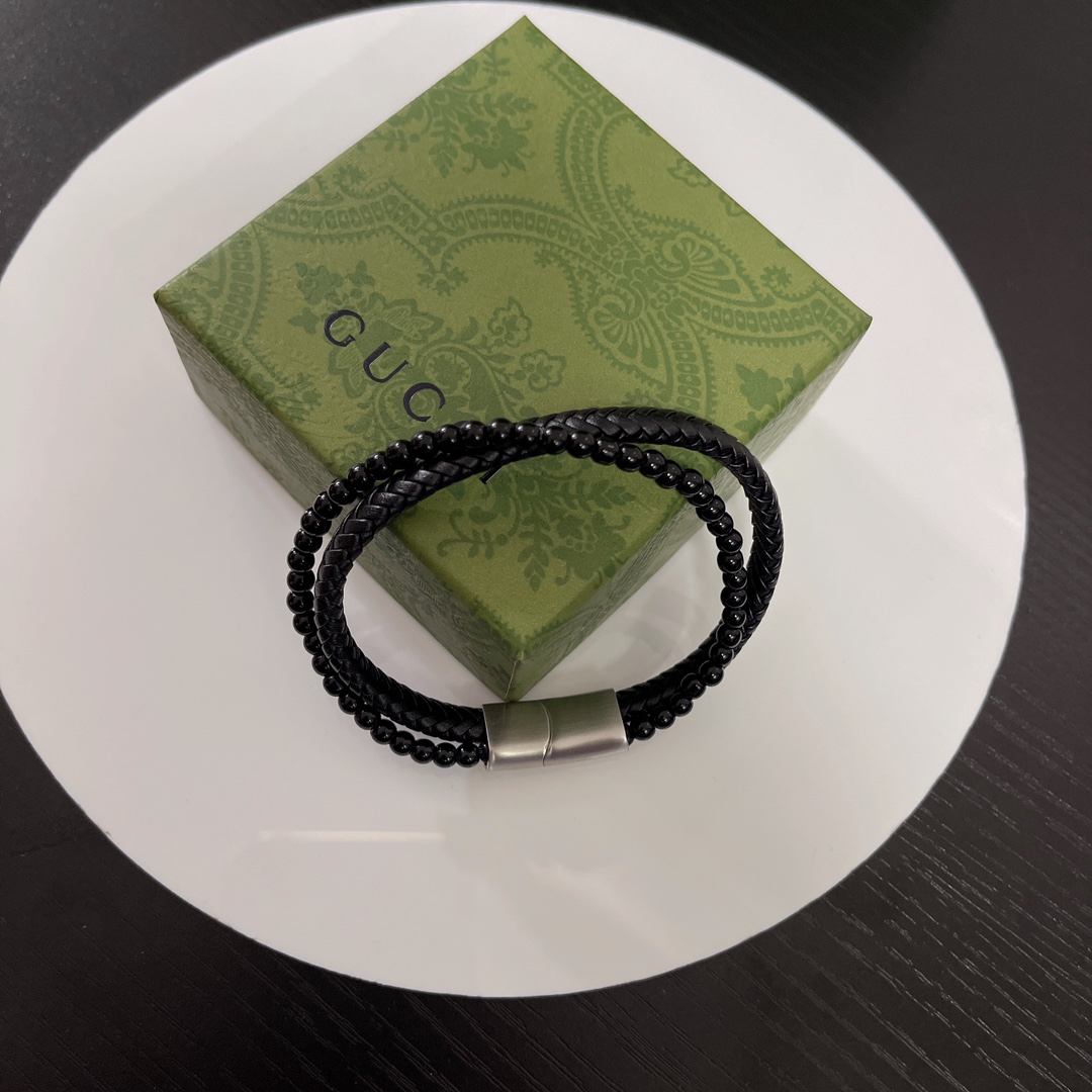 Gucci Braided Leather & Black Beads Bracelet