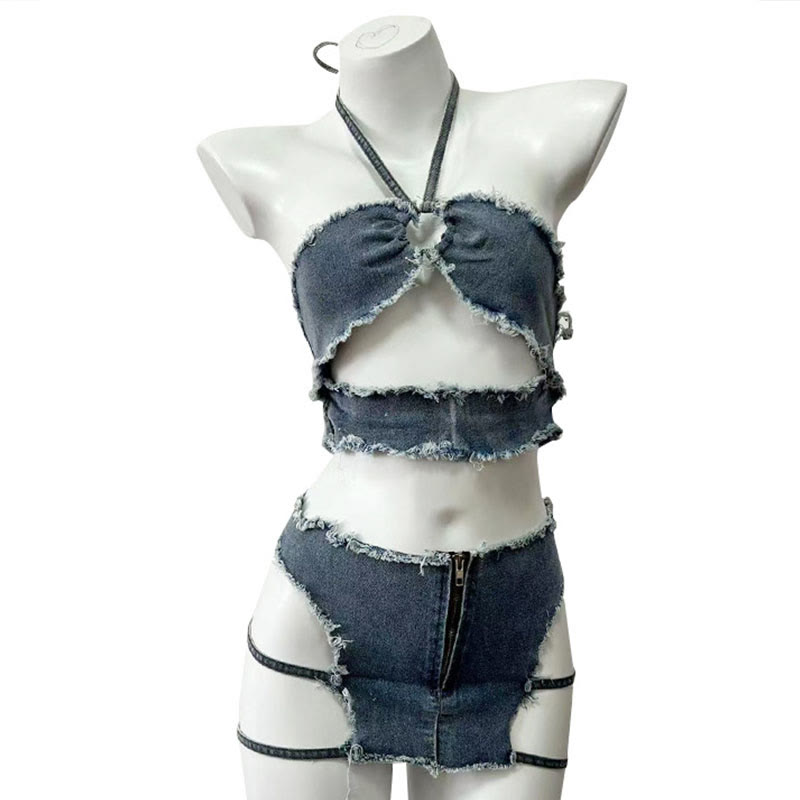Sexy Hollow Out Denim Lingerie Two Pieces Set
