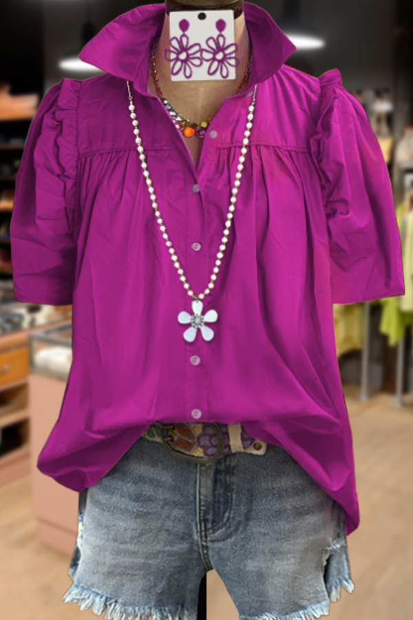 Solid Ruffle Short Sleeve Button Up Blouse