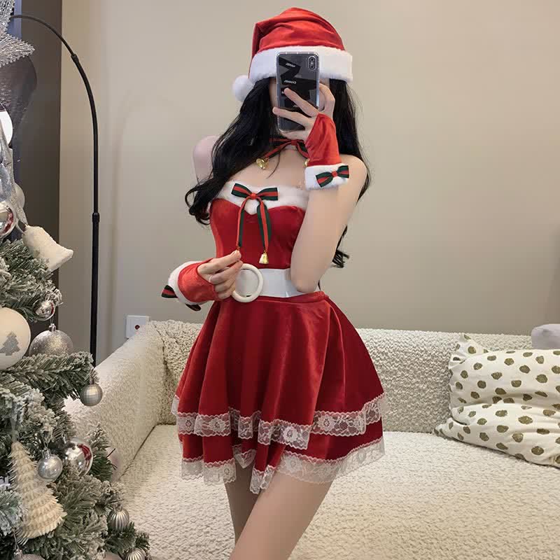 Off The Shoulder Lace Bleted Dress With Christmas Hat