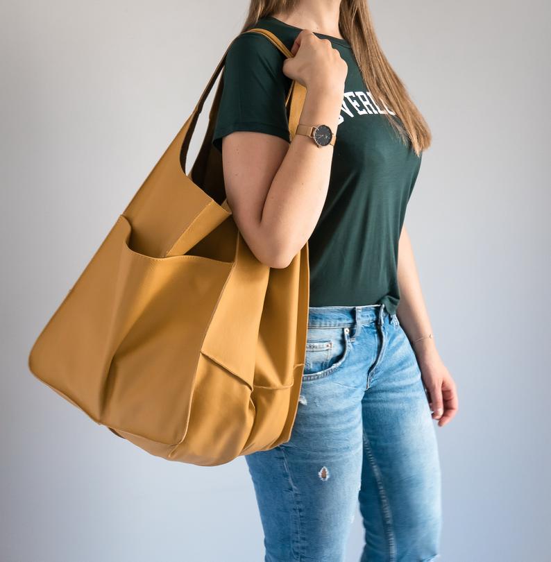 COGNAC LEATHER TOTE bag, Slouchy Tote, Cognac Handbag for Women, Every Day Bag, Women leather bag, Weekender Oversized bag