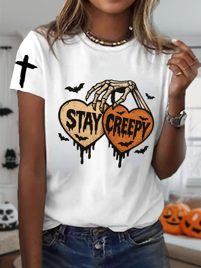 🔥Buy 3 Get 10% Off🔥Women'S Halloween Stay Creepy Print Short Sleeve T-Shirt