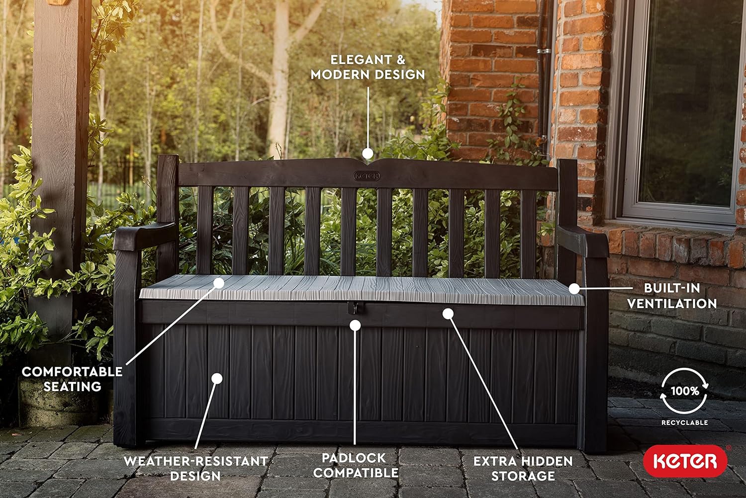 Keter Solana 70 Gallon Storage Bench Deck Box for Patio Furniture