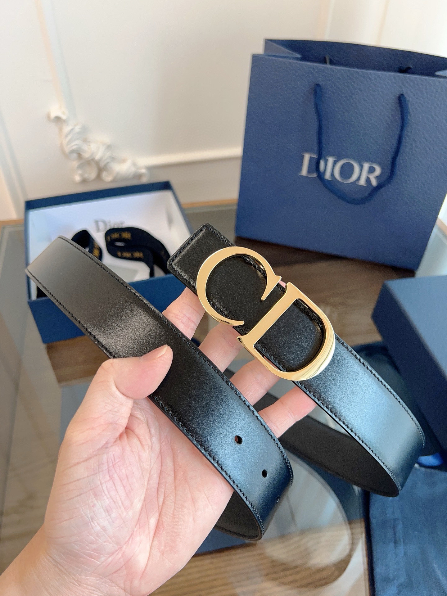 Dior shiny black leather belt width 3.5cm