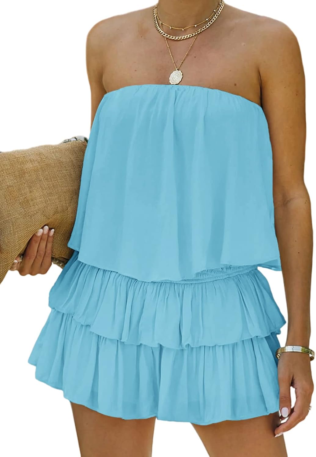 MIRACMODA Women Off The Shoulder Romper Flowy Strapless Smocked Jumpsuit Playsuits Dress