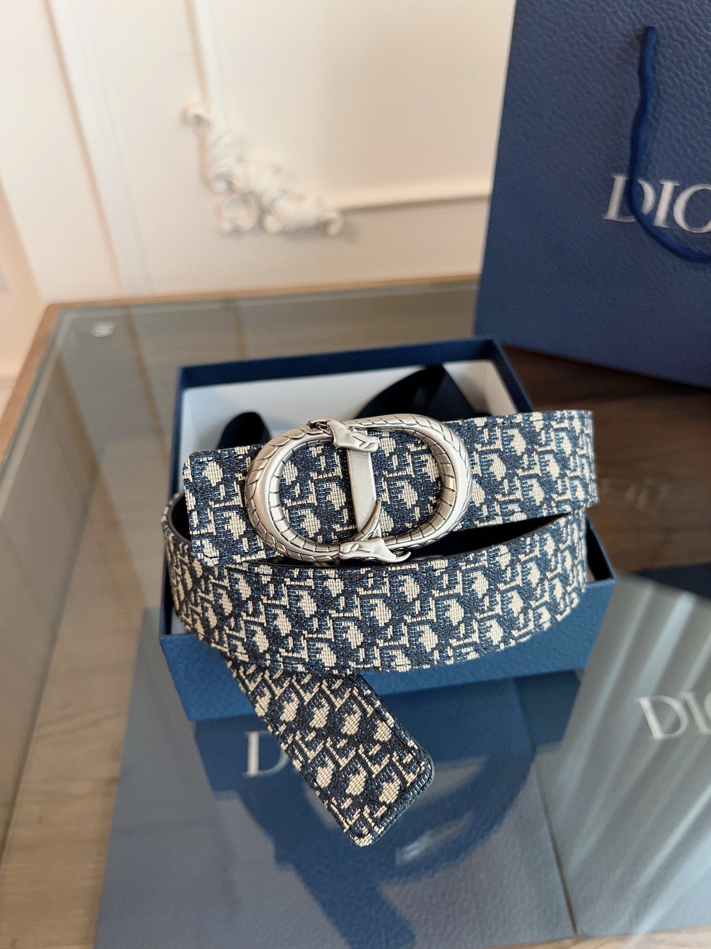 Dior Oblique Blue Cloth Black Cowhide Leather Strap 3.5cm Wide