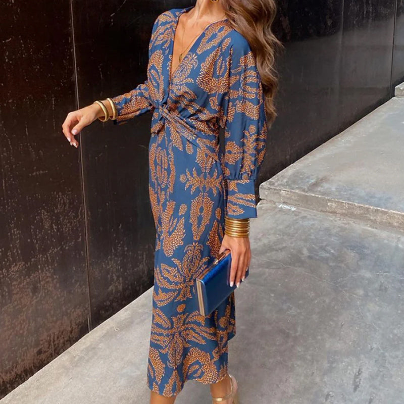 Vintage Draped Long Sleeve Midi Dress