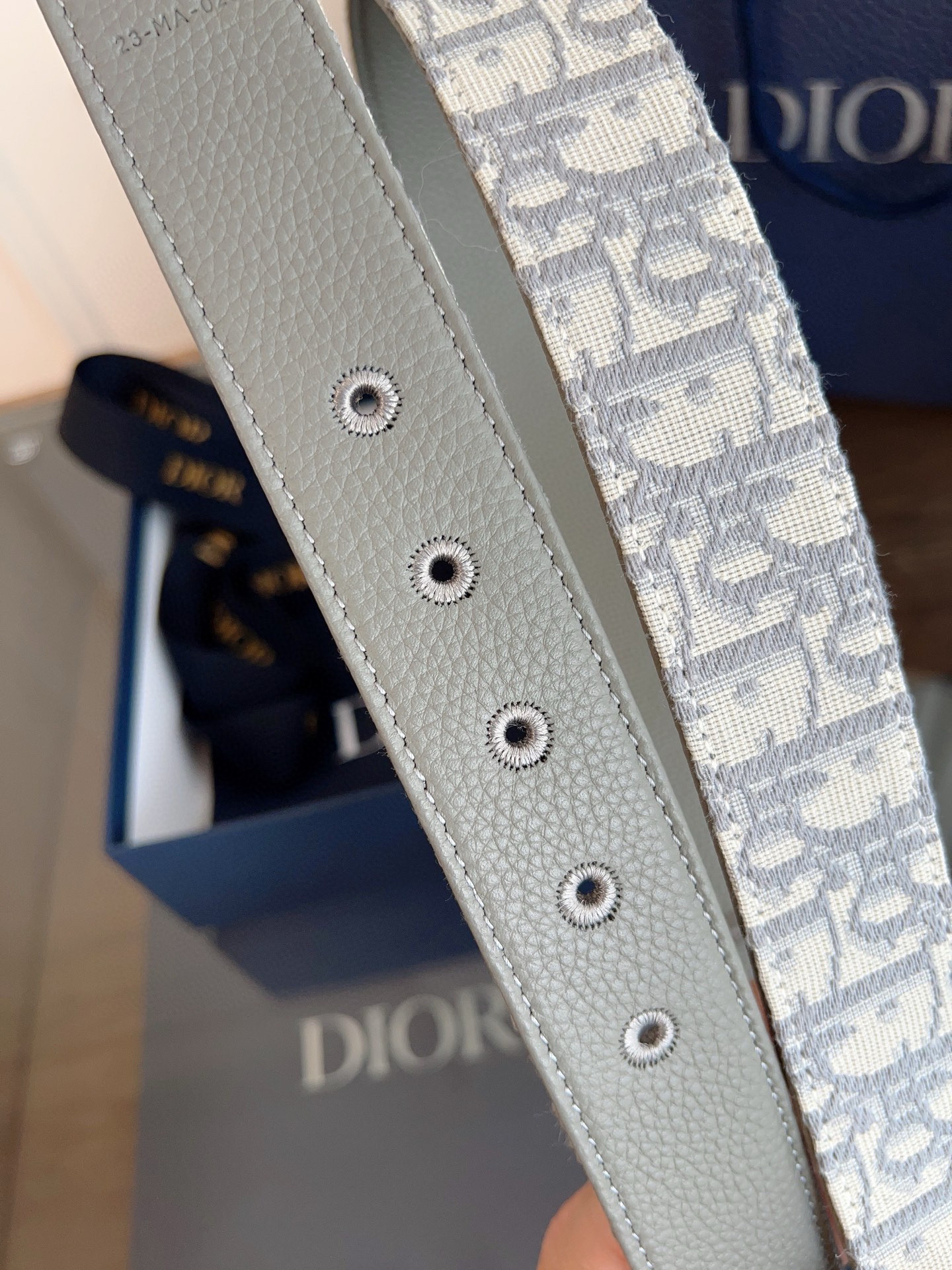 Dior Oblique grey cloth grey cowhide leather belt width 3.5cm