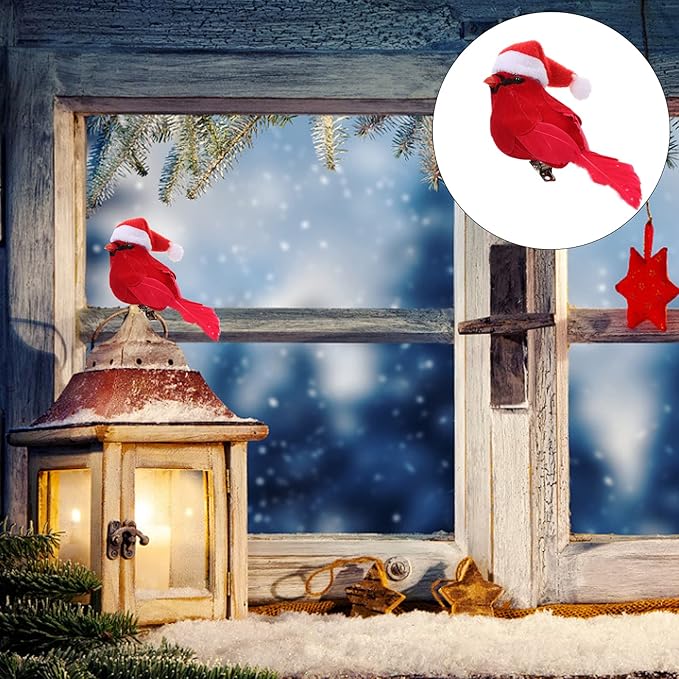 🐦🐦Christmas decoration red feather fake bird (with clip)