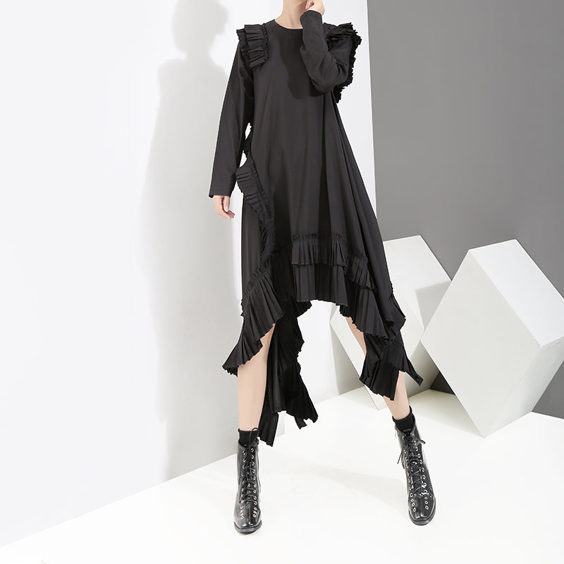 Women's Fashion Vintage Black Irregular Pleated Skirt