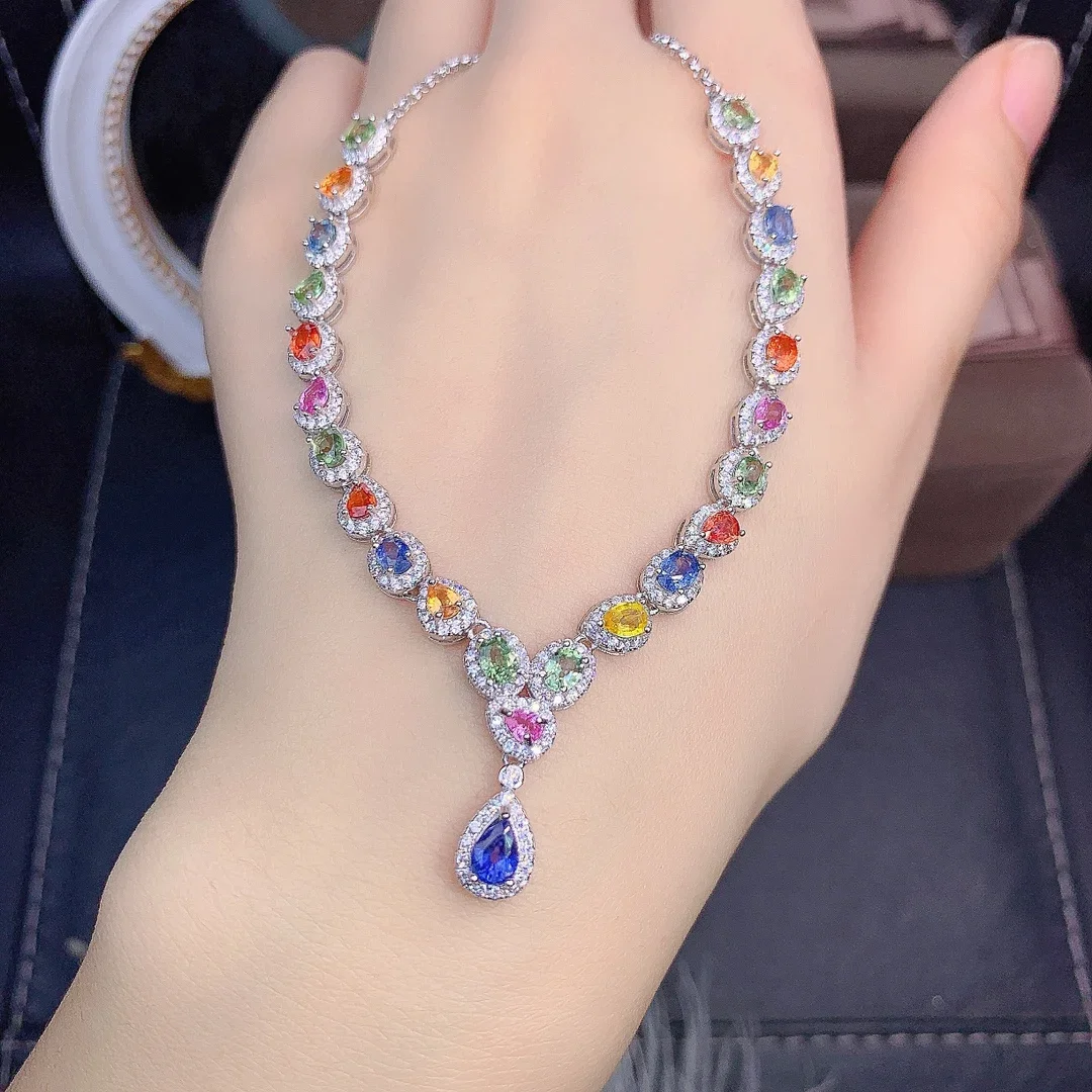 925 Sterling silver natural color sapphire necklace Jewelry Fire color good beauty women's luxury jewelry certified boutique