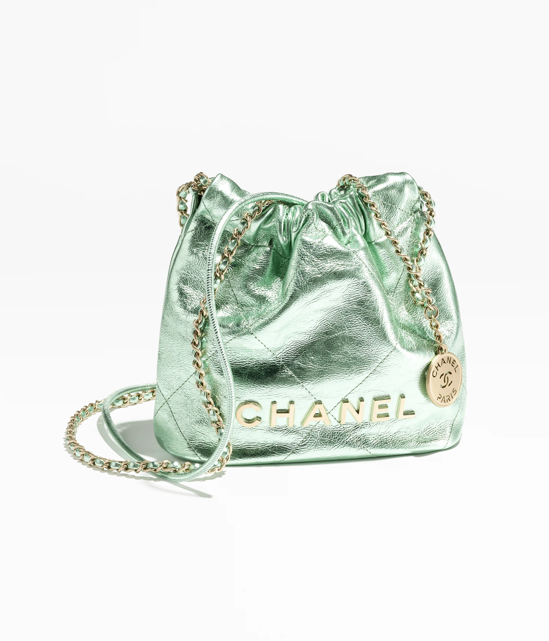CHANEL 22 Mini Handbag Metallic Calfskin & Gold Metal Green AS3980-B18806-NABKC