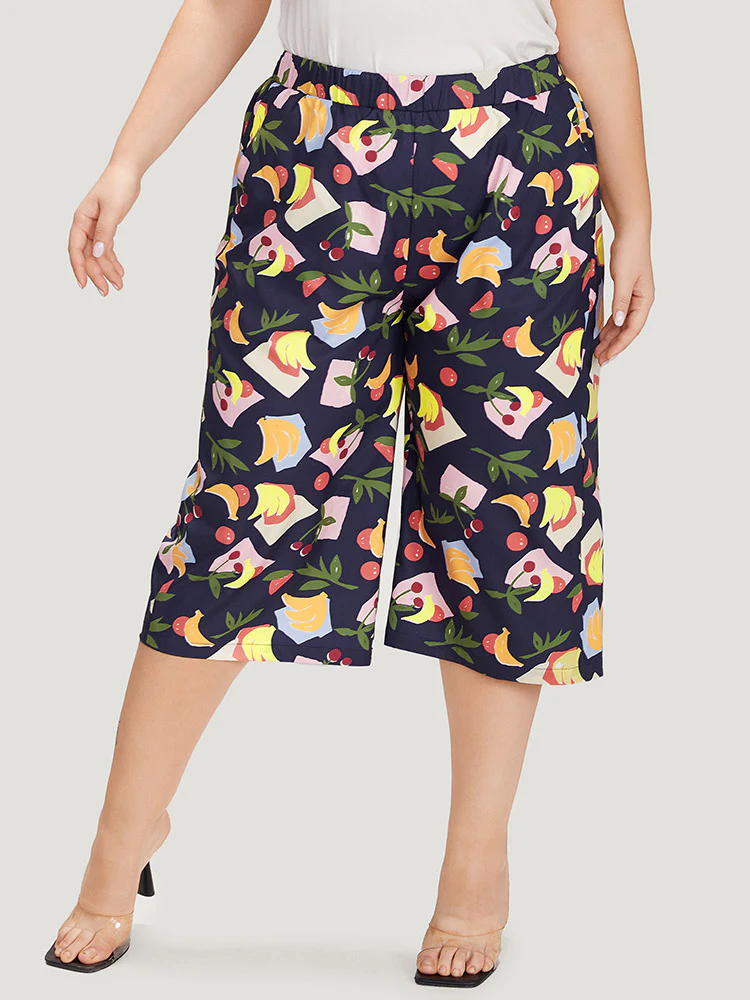 Fruit Print Slant Pocket Elastic Waist Pants