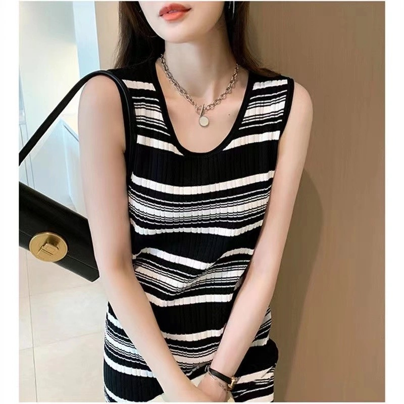 Thin sleeveless temperament Striped knitted dress French style