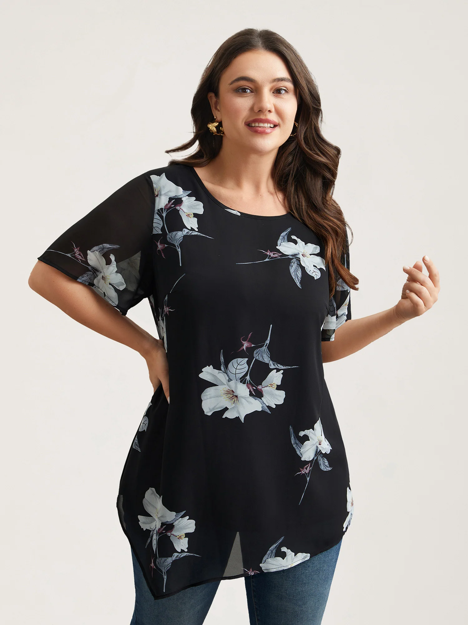 Chiffon Floral Round Neck Shirt
