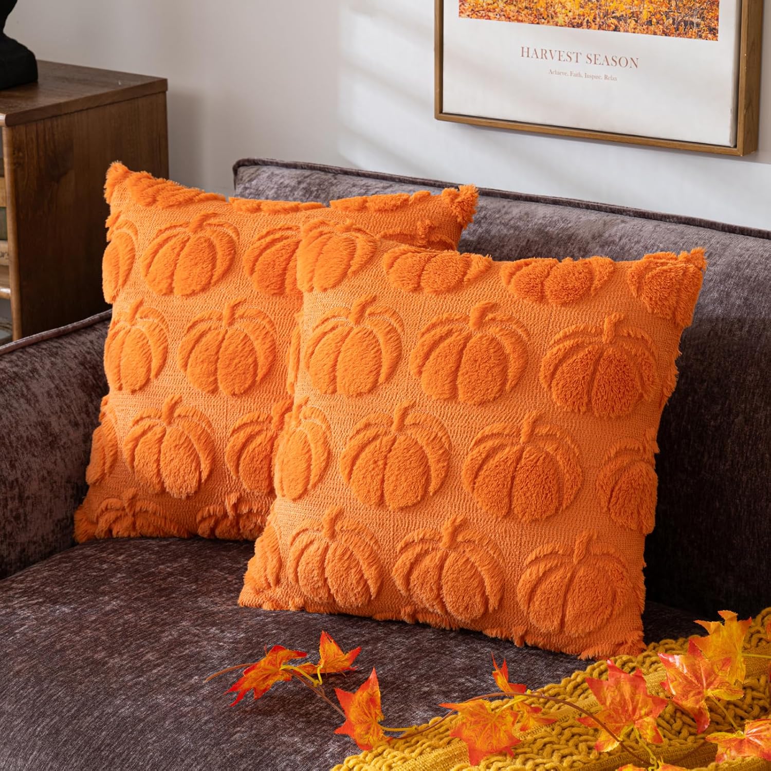 Pumpkin Fall Decorative Throw Pillow Covers, Fluffy Plush Accent Pillow Cases