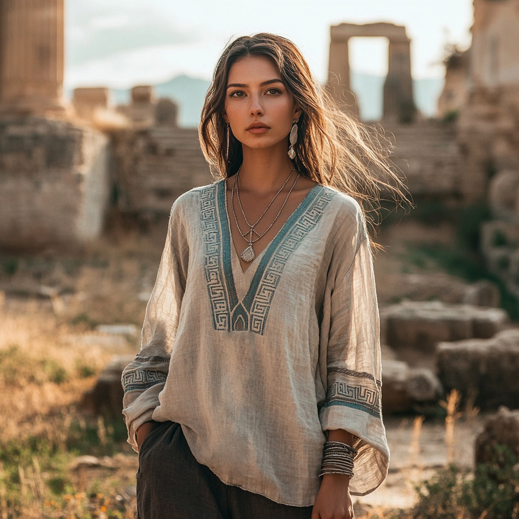 Vintage Greek Key Graphics V-neck Linen Blend T-shirt